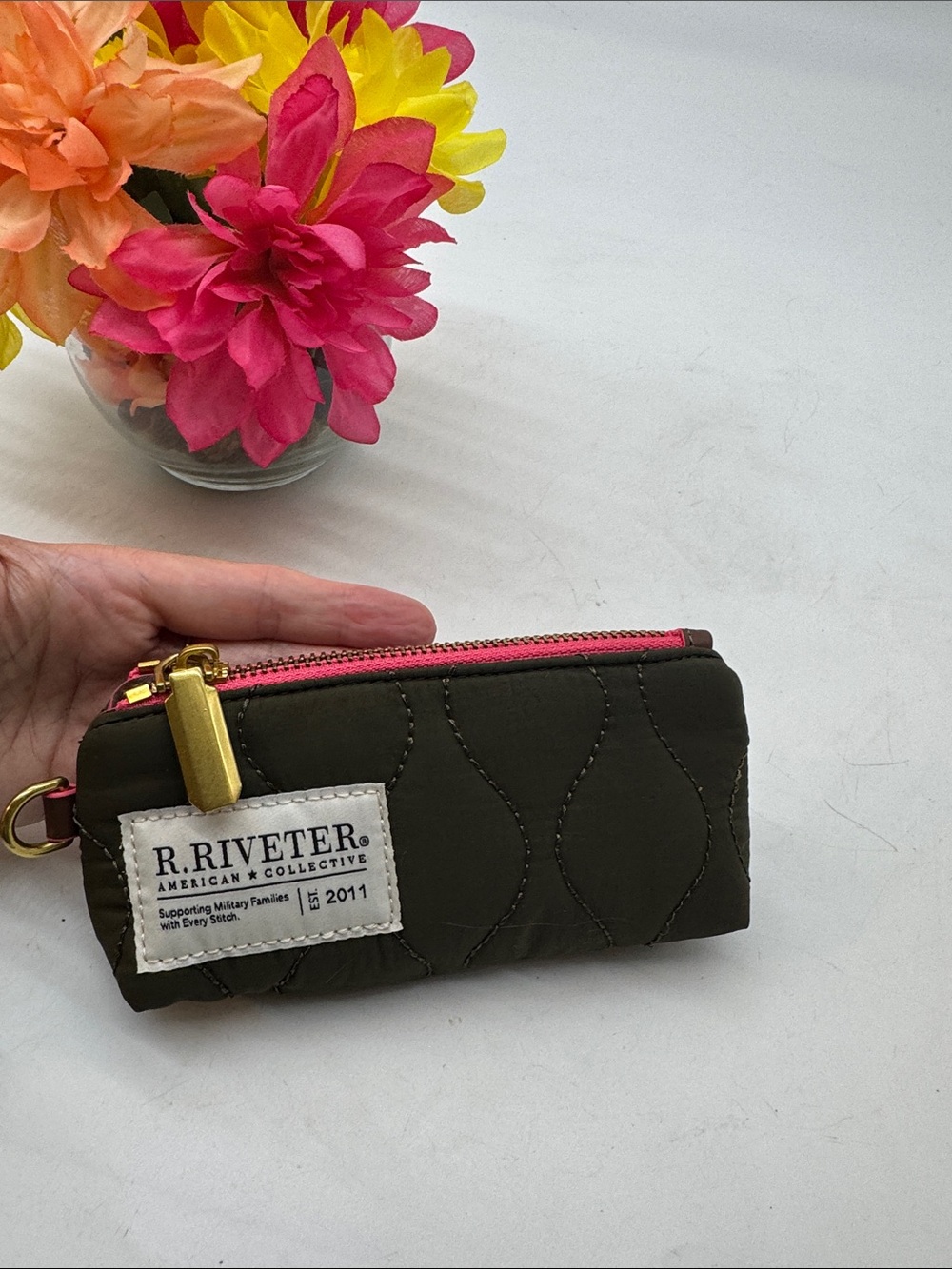 Olive Quilted Key Pouch with Pink Zipper